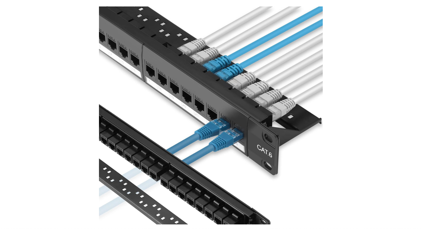 Rapink Patch Panel 24 Port Cat6 With Inline Keystone 10G Support, Pass Thru Coupler, 1U Network Patch Panel for Cat6/5E/5 Cabling, RJ45, Gold